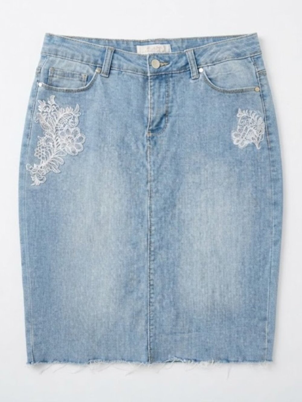 Light Blue Denim Midi Skirt with White Floral Embroidery